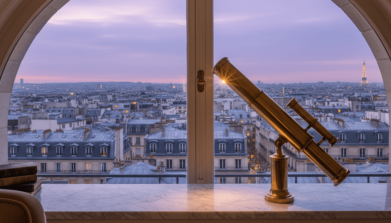 Longue-vue en laiton sur un rebord de fenêtre en marbre, vue sur les toits de Paris au crépuscule