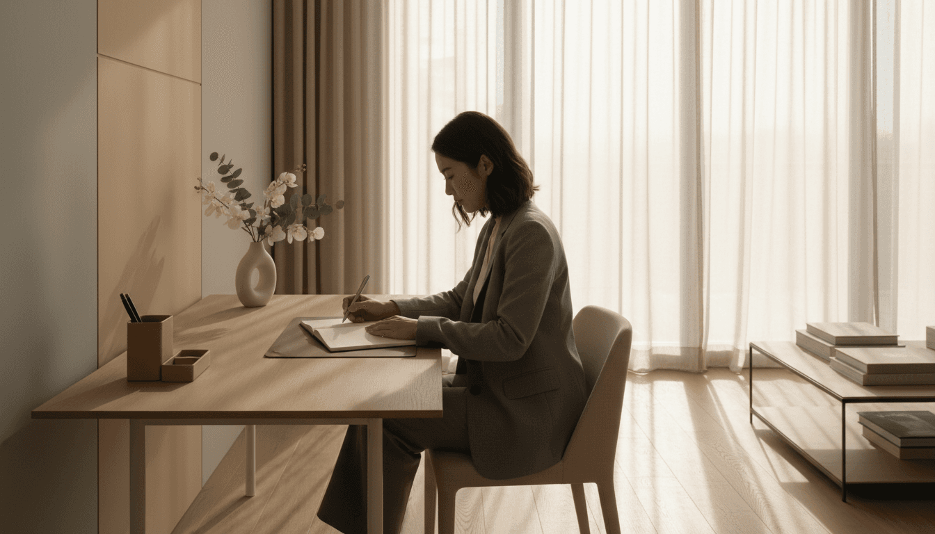 Bureau feutré avec carnets de notes et lumière tamisée