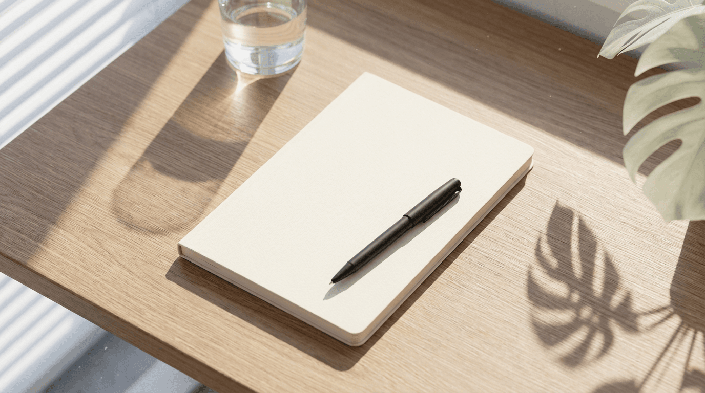 Petits poids en laiton alignés sur un bureau minimaliste