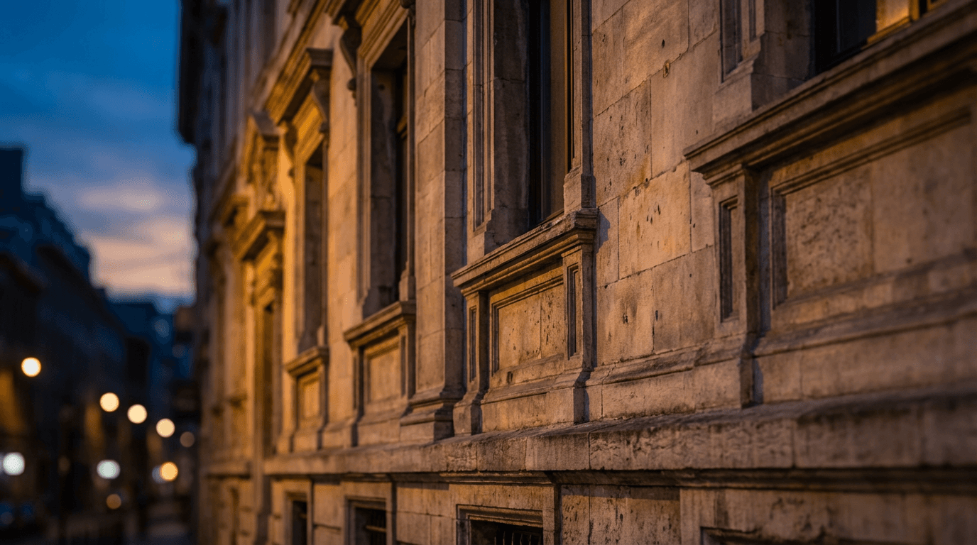 Façade d'un immeuble parisien rue Saint-Honoré, lumière dorée du soir