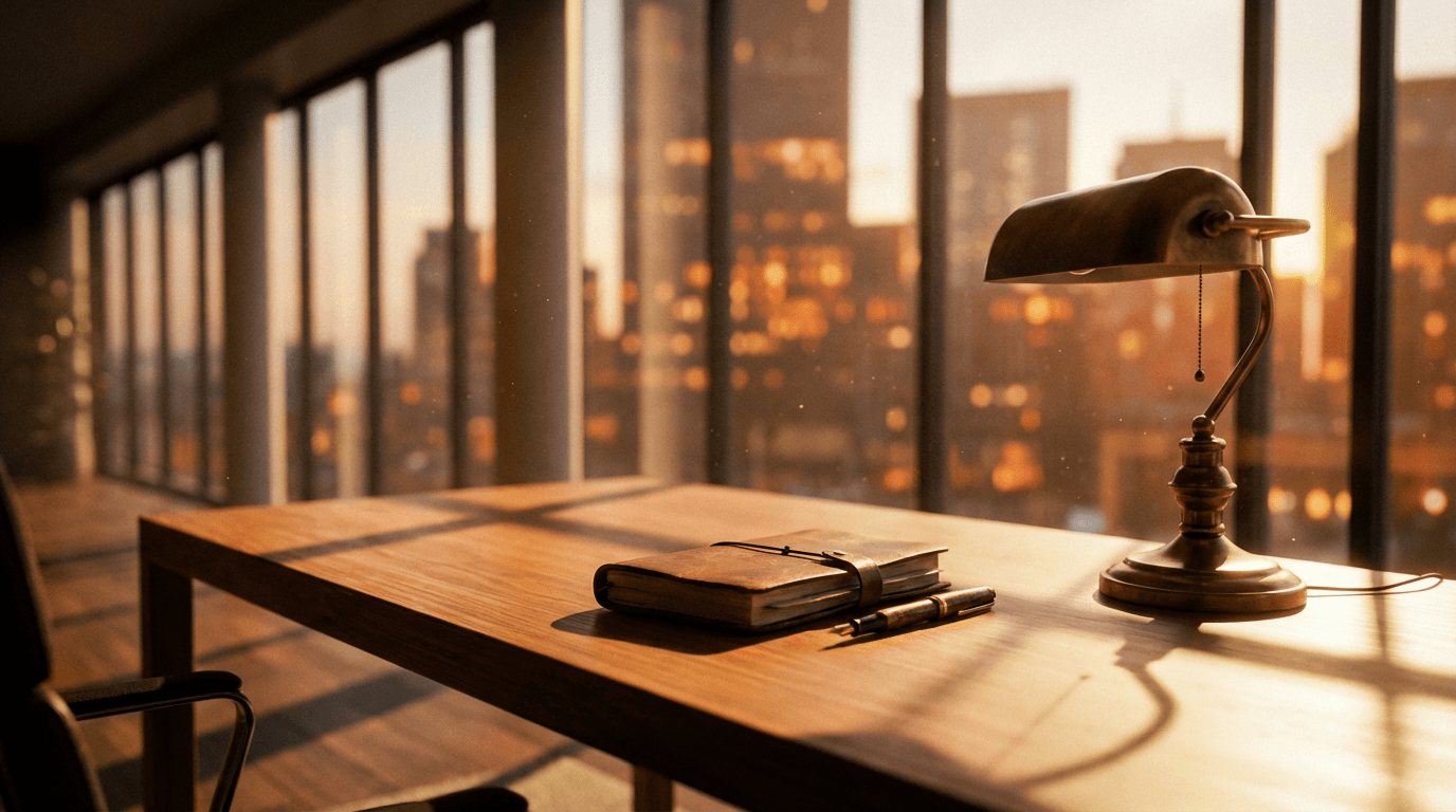 Carnet en cuir sur un bureau en bois sombre, lumière naturelle tamisée